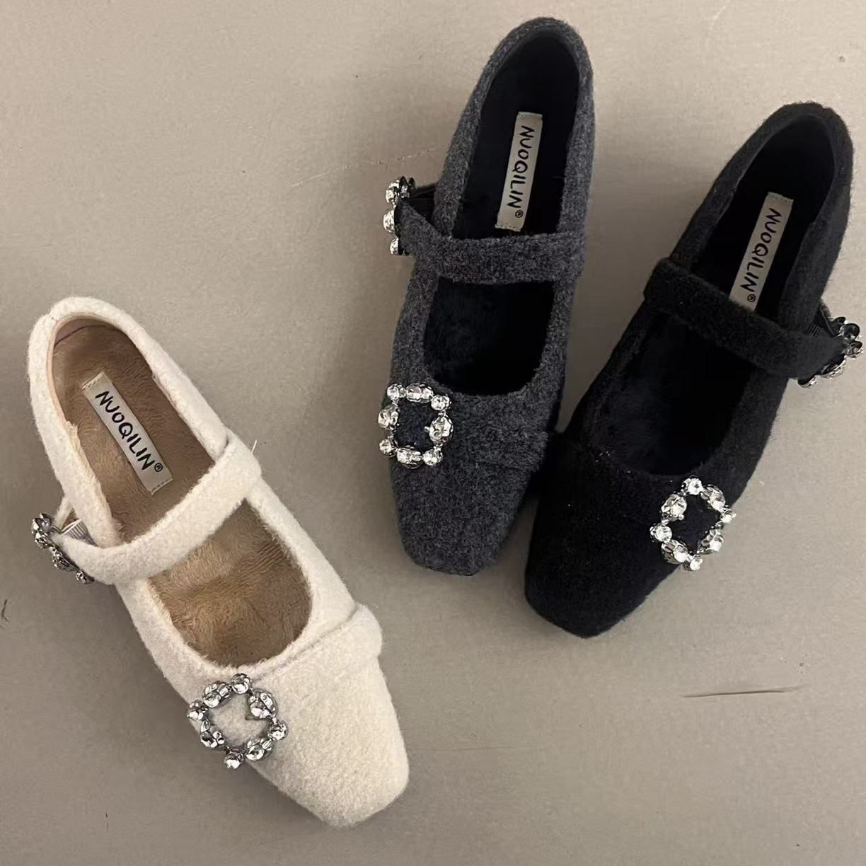 内增高！法式晚风加绒水钻单鞋女鞋冬保暖棉鞋配裙子玛丽珍毛毛鞋