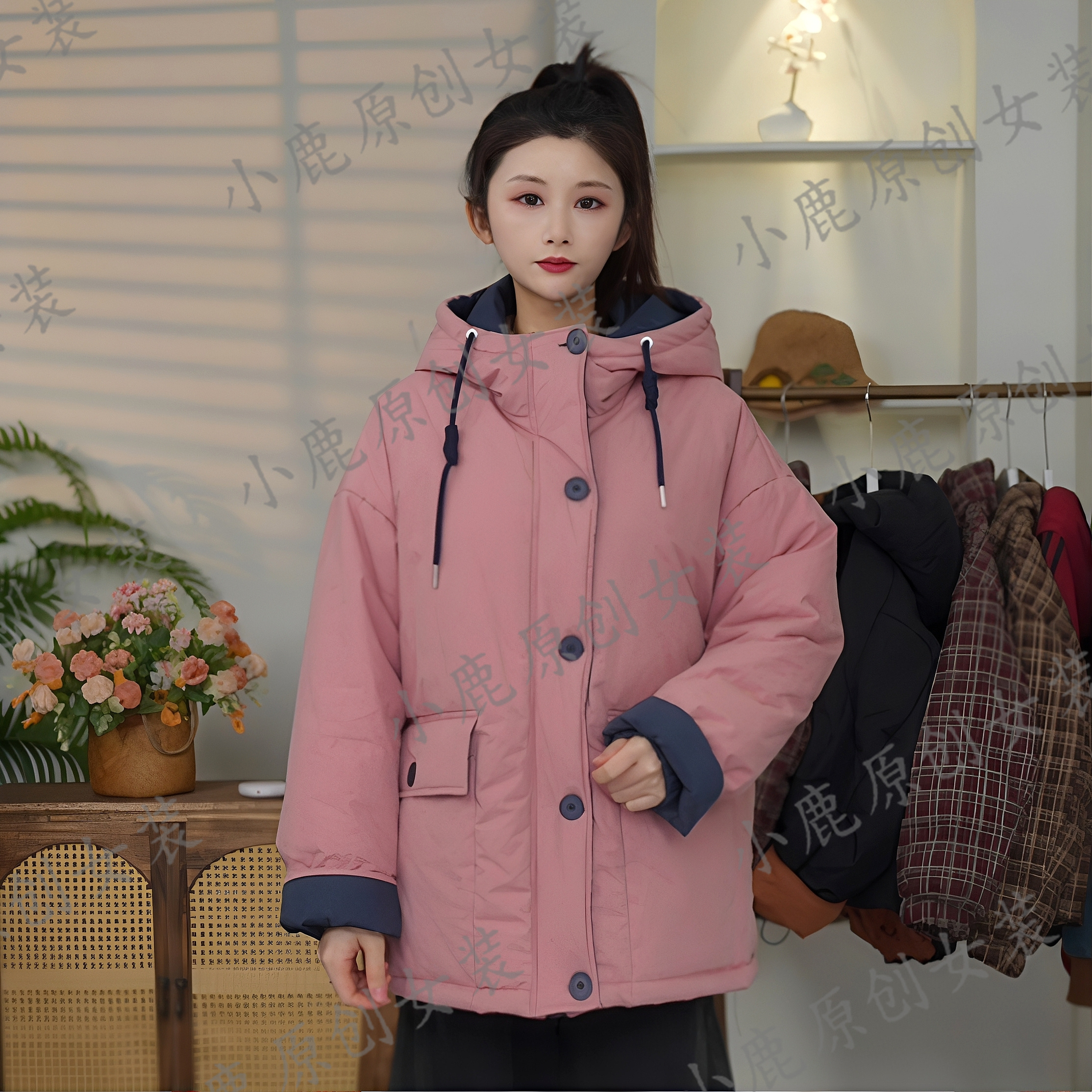 冬季新款休闲时尚百搭水洗纱卡棉拼接设计中长款连帽棉服加棉保暖