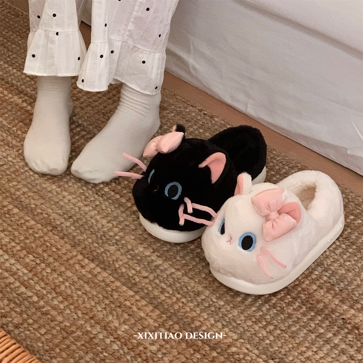 冬季少女心女士软萌鸳鸯小猫毛毛鞋包跟防滑可爱蝴蝶结保暖棉拖鞋