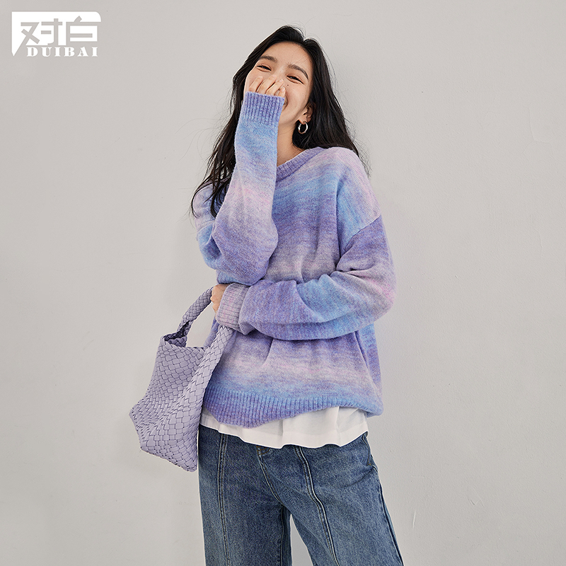 D01对白渐变晕染圆领毛衣女宽松小众针织衫CDE020