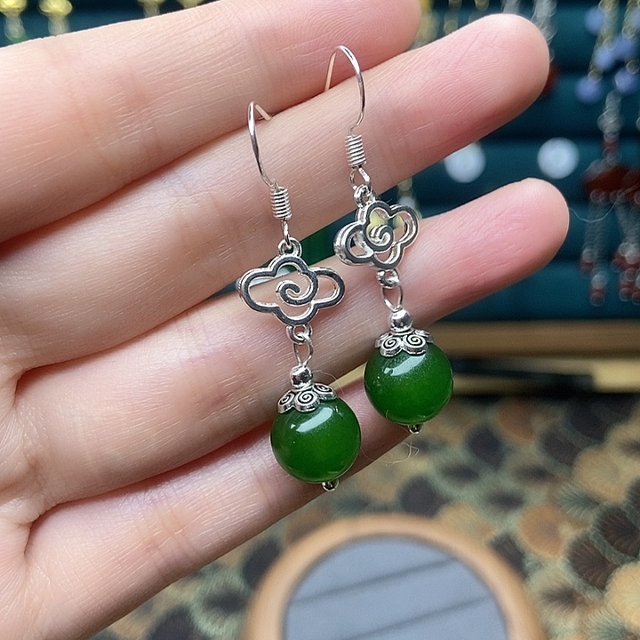 石英质玉耳钉银S925镶嵌