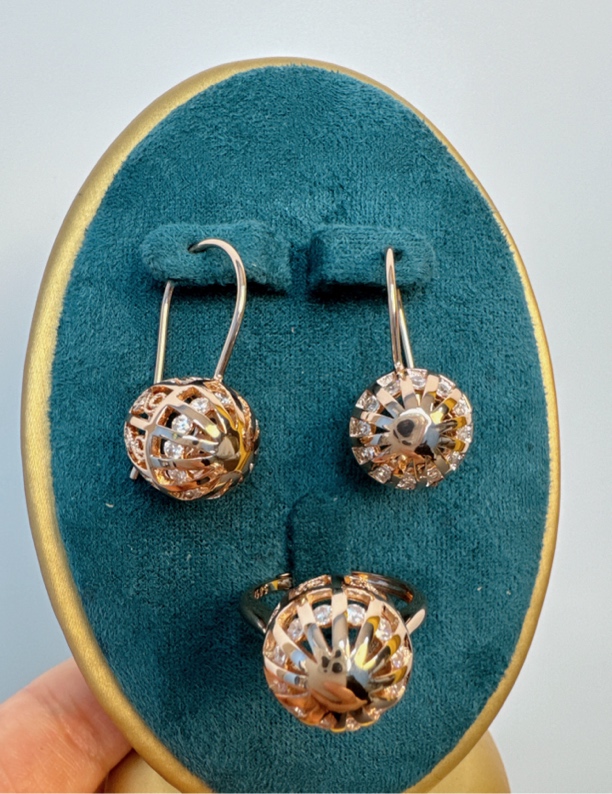 铜合金锆石戒指 126-新款两件套气质时尚复古金色镶嵌坠链