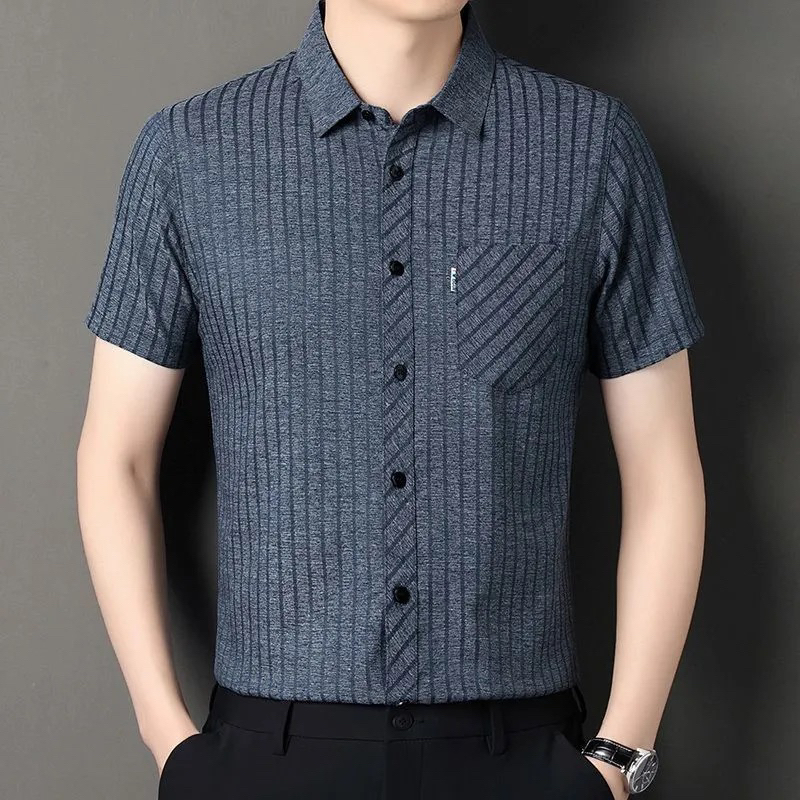 高档棉麻短袖衬衫夏季新款男士薄款条纹商务休闲衬衣