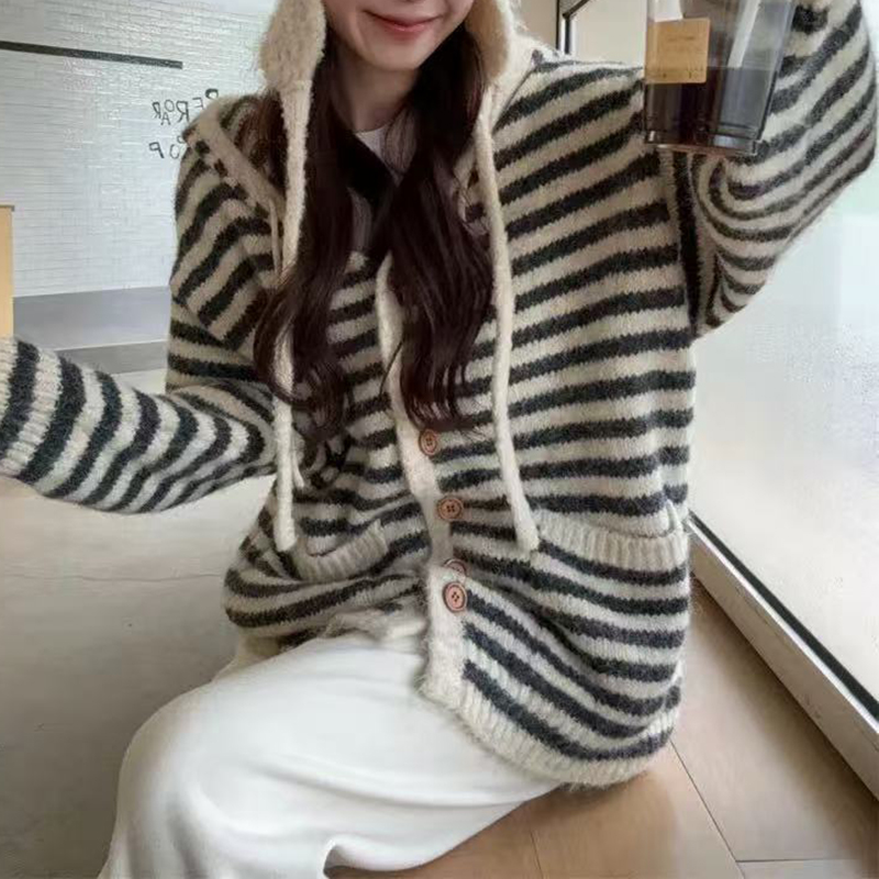 慵懒风保暖连帽条纹针织毛针织衫毛衣加厚网红百搭显瘦时尚休闲