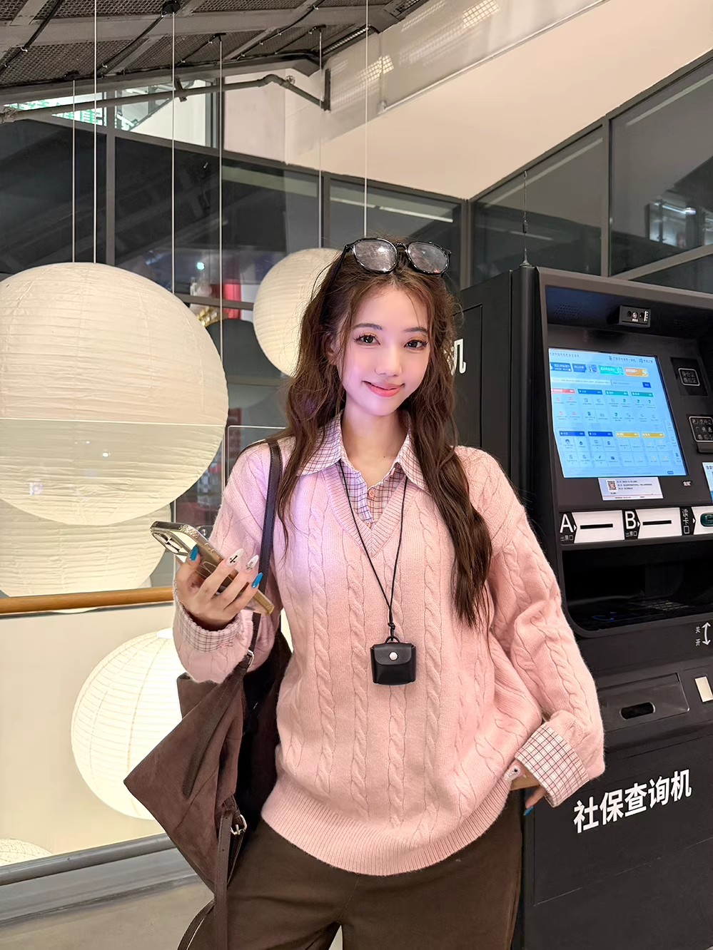 减龄麻花Polo领长袖毛衣女装秋冬休闲格子拼接针织衫百搭上衣