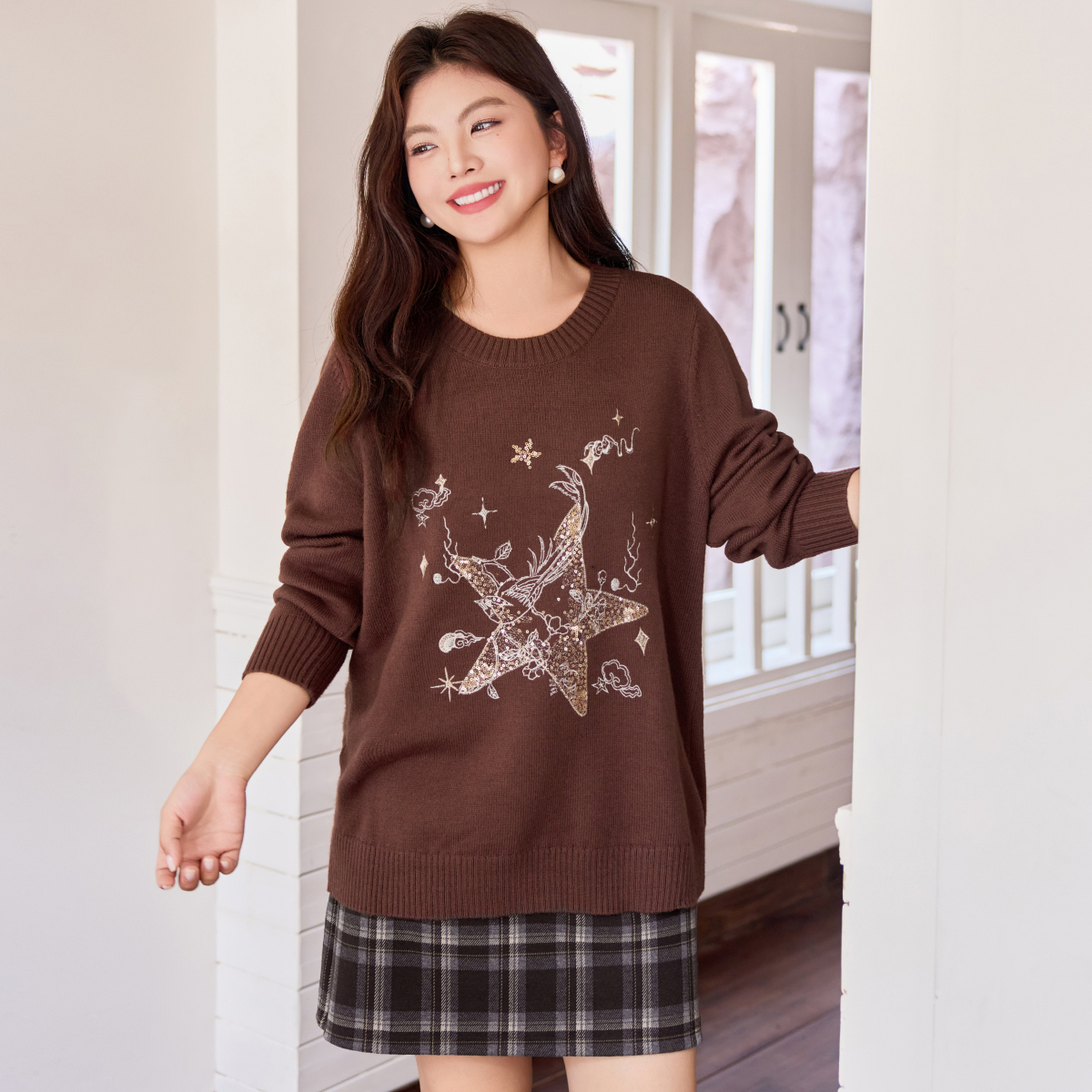 【36支仿兔绒纱】MsShe大码女装冬装重工珠片绣宽松毛衣B2509058