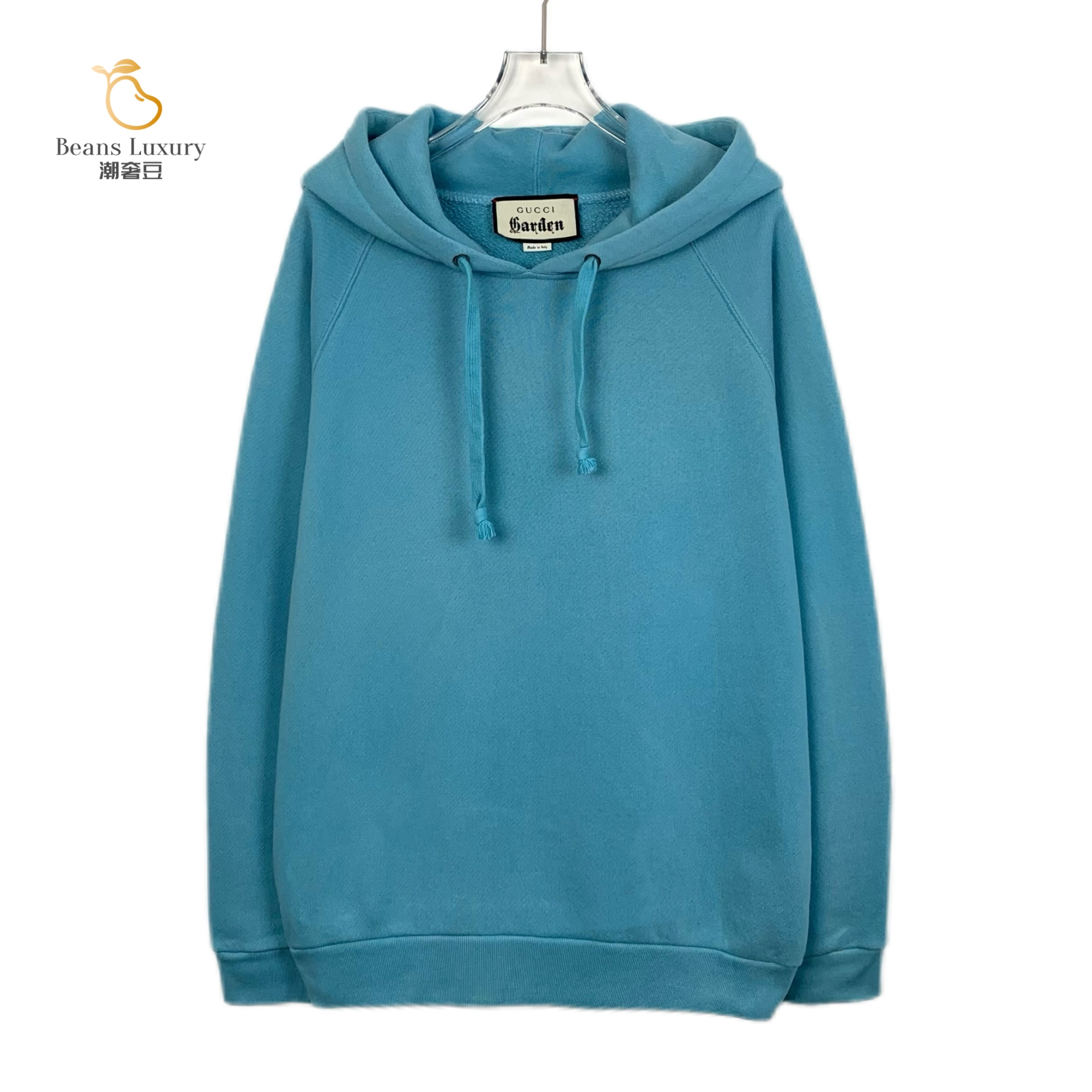 95新 GUCCI/古驰 蓝色字母刺绣棉质连帽卫衣/H13092