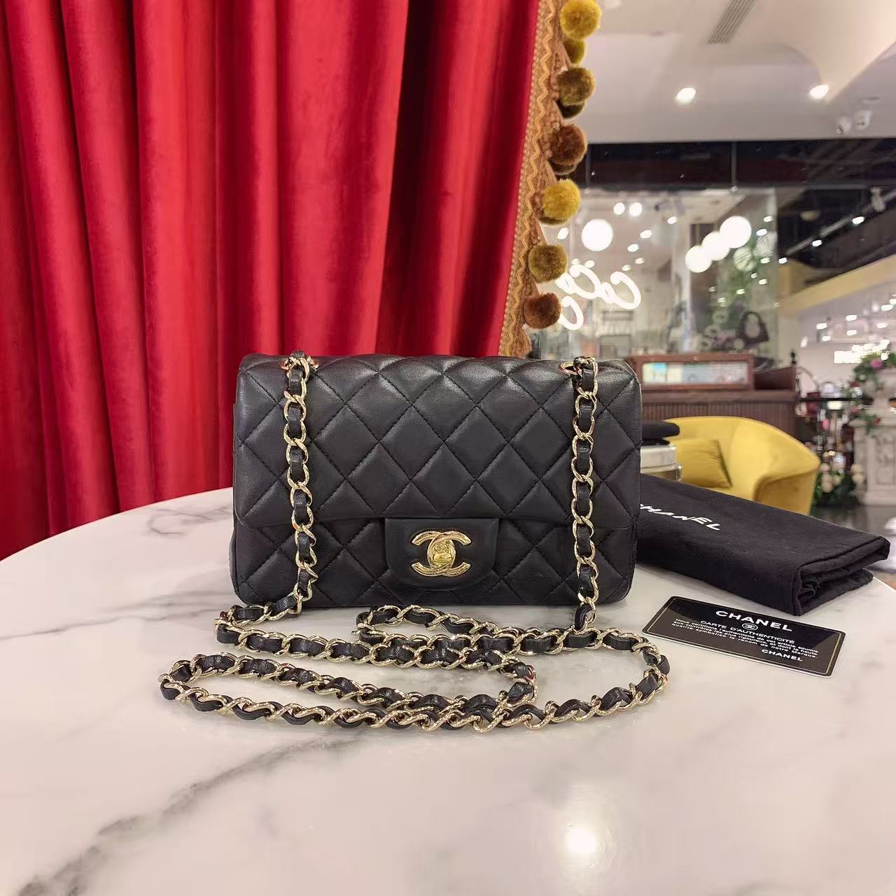 95新 Chanel/香奈儿 GGScf大mini黑色金扣羊皮单肩包19534185