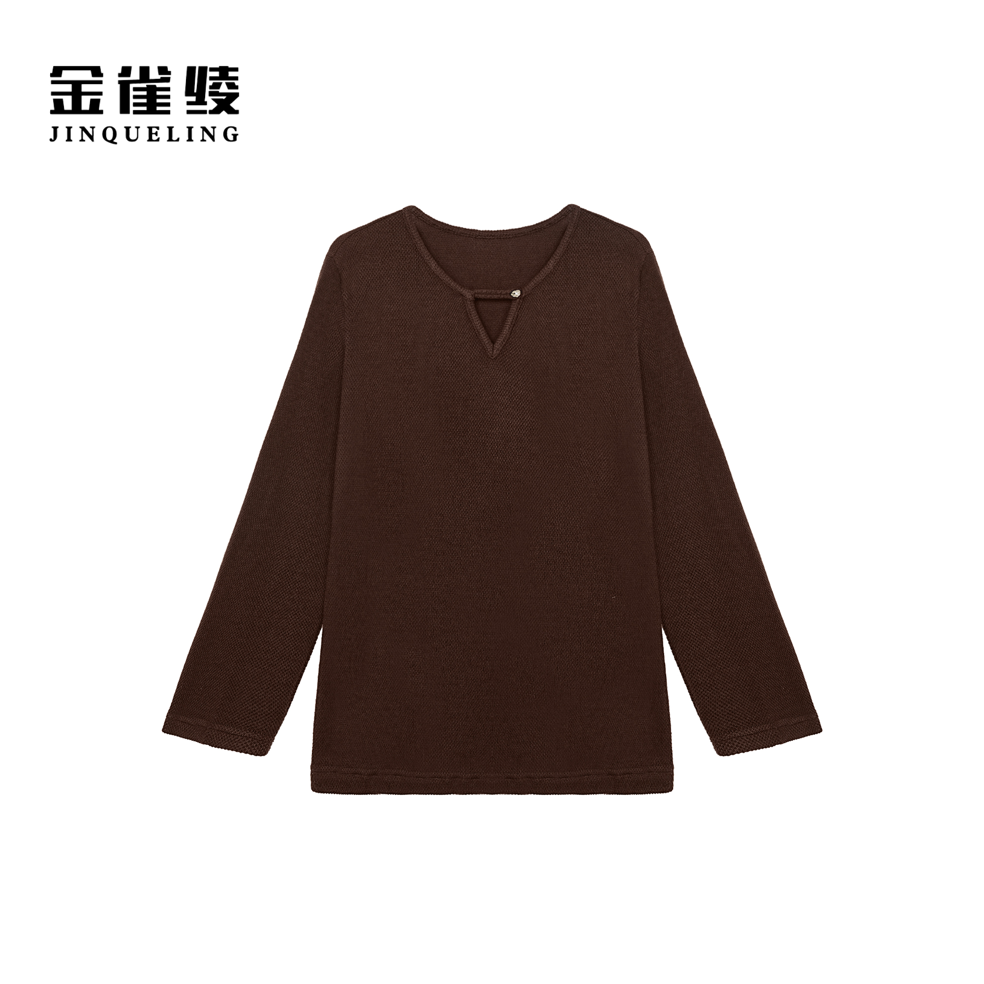 金雀绫【沉香可可】设计款小V领针织工艺加宽加大上衣SZA3SG594