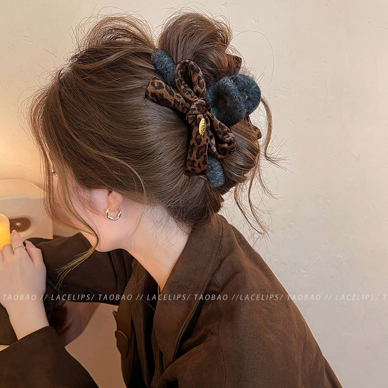 豹纹蝴蝶结头发抓夹女高级感灰色发夹后脑勺盘发鲨鱼夹发量大发饰