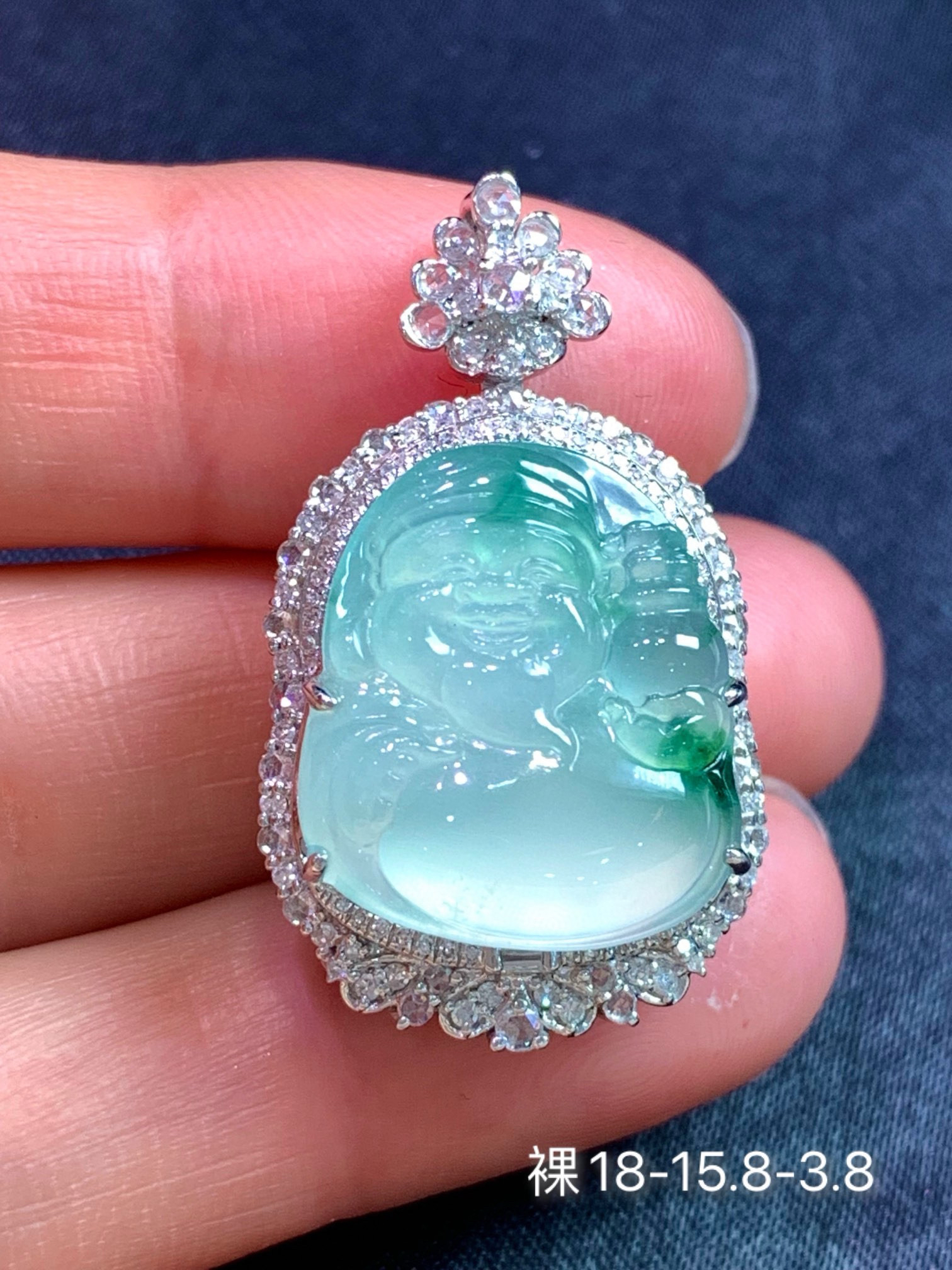 高冰飘花财神爷翡翠吊坠 冰透起光 品质一流 镶嵌精致