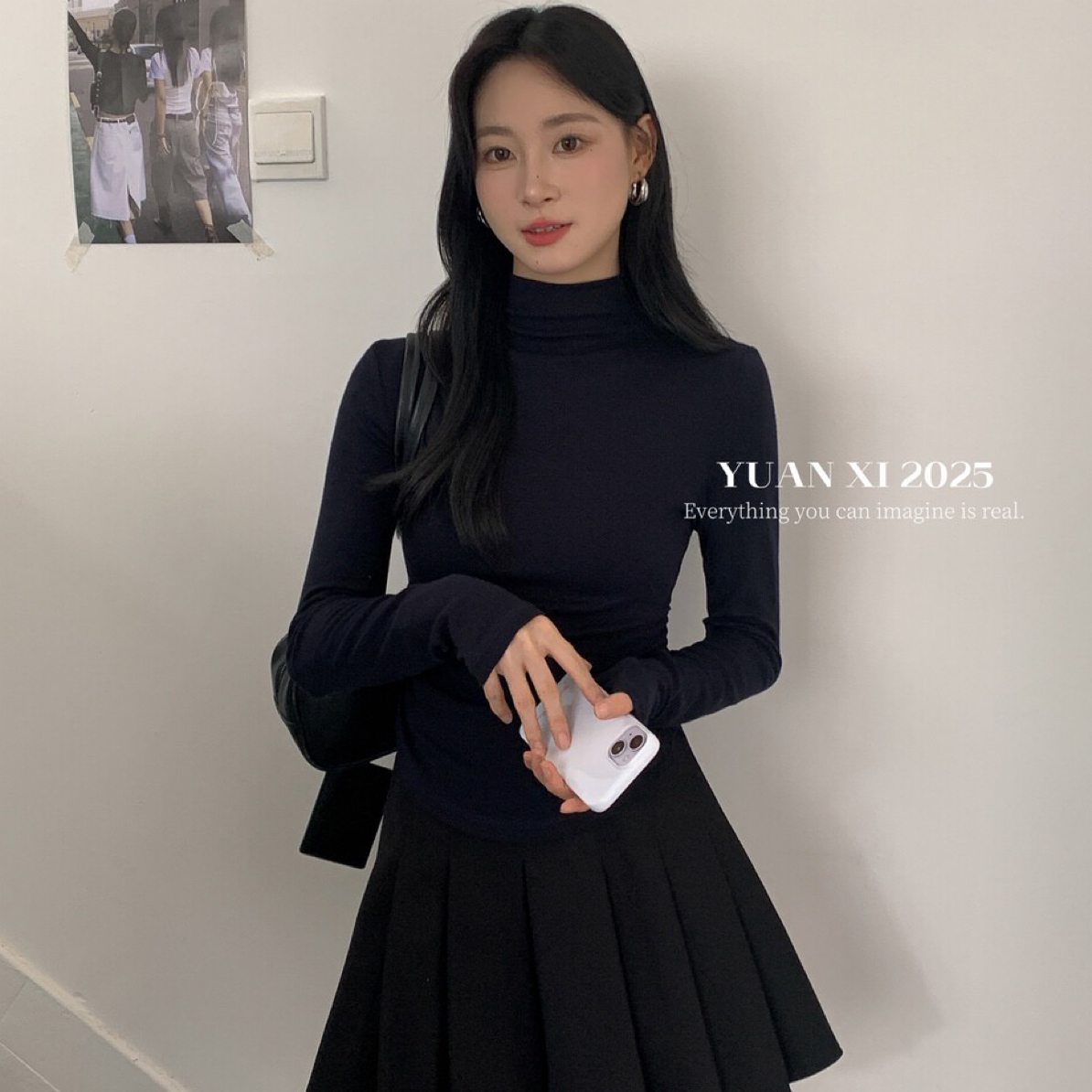 长袖百搭黑色半高领洋气性感风打底衫螺纹秋冬