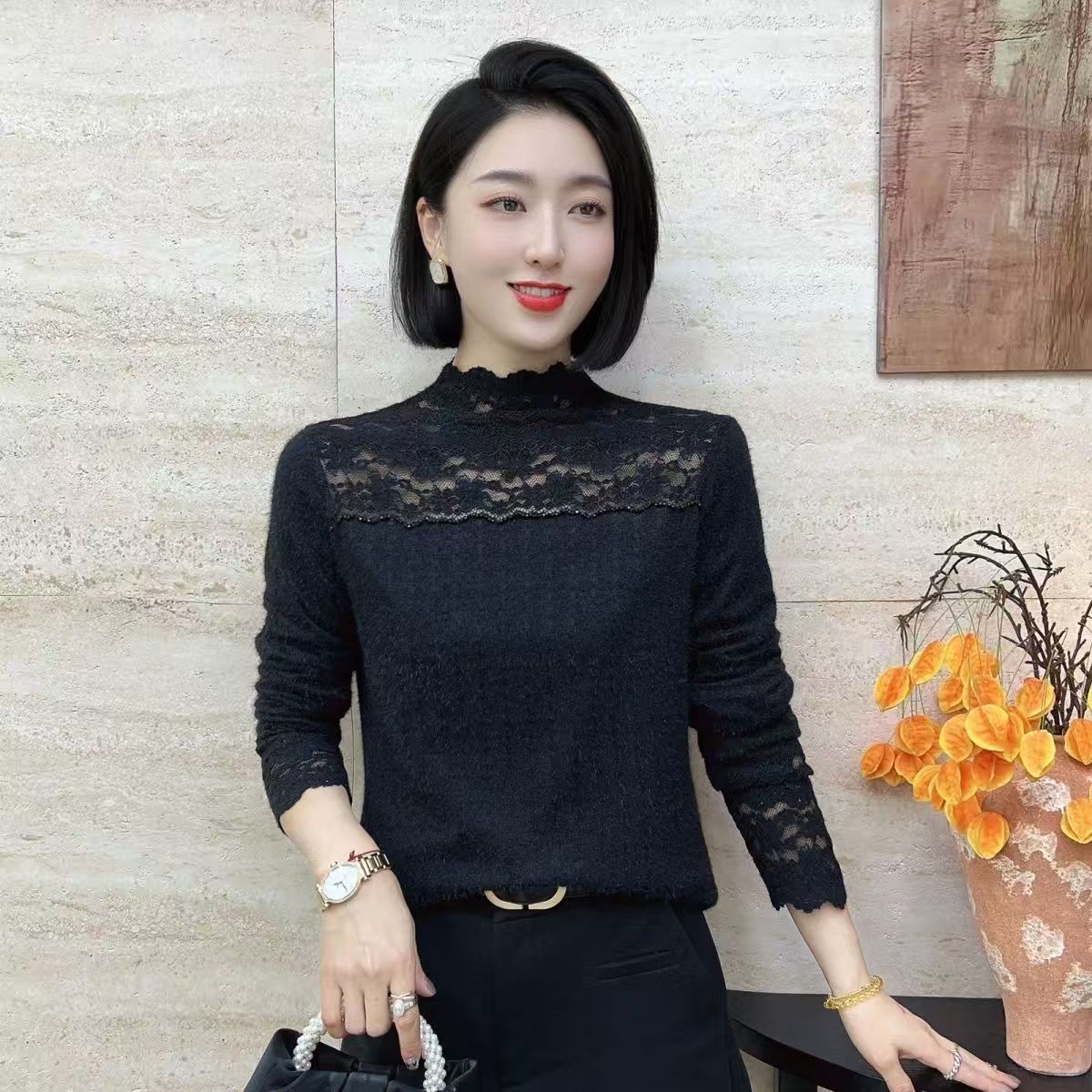 5962秋冬蕾丝加厚打底衫内搭外穿气质高级感上衣女