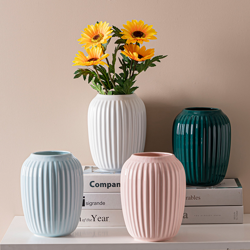 宿雨简约条纹陶瓷花瓶软装搭配轻奢装饰客厅插花摆件鲜花水培器皿