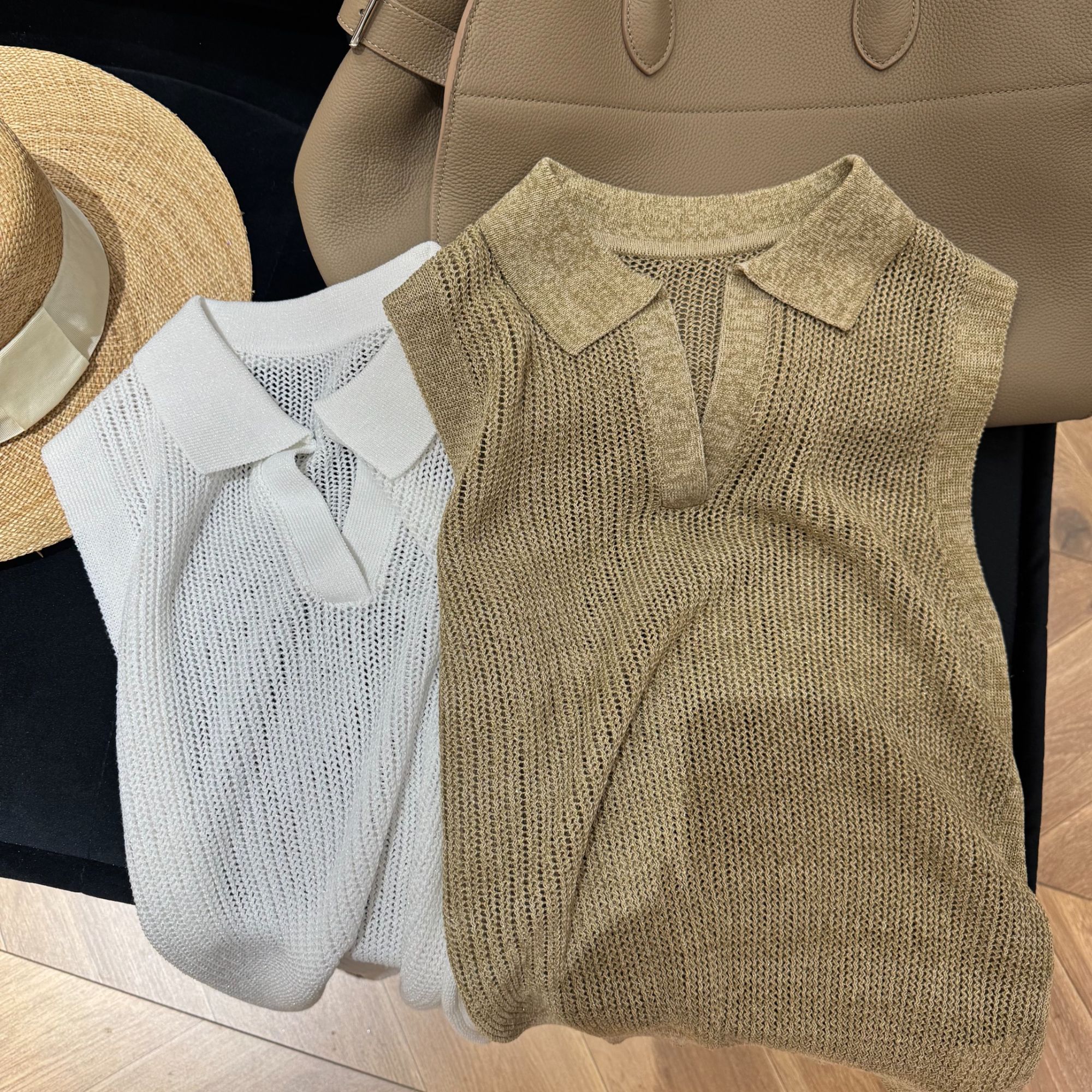 CY高智感～亚麻金丝翻领镂空背心夏季薄款女