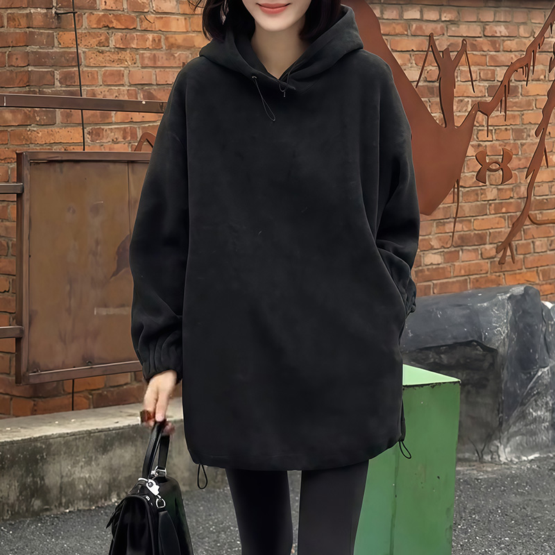 连帽秋冬时髦宽松卫衣2025年新款百搭潮流显瘦女装中长款纯色上衣