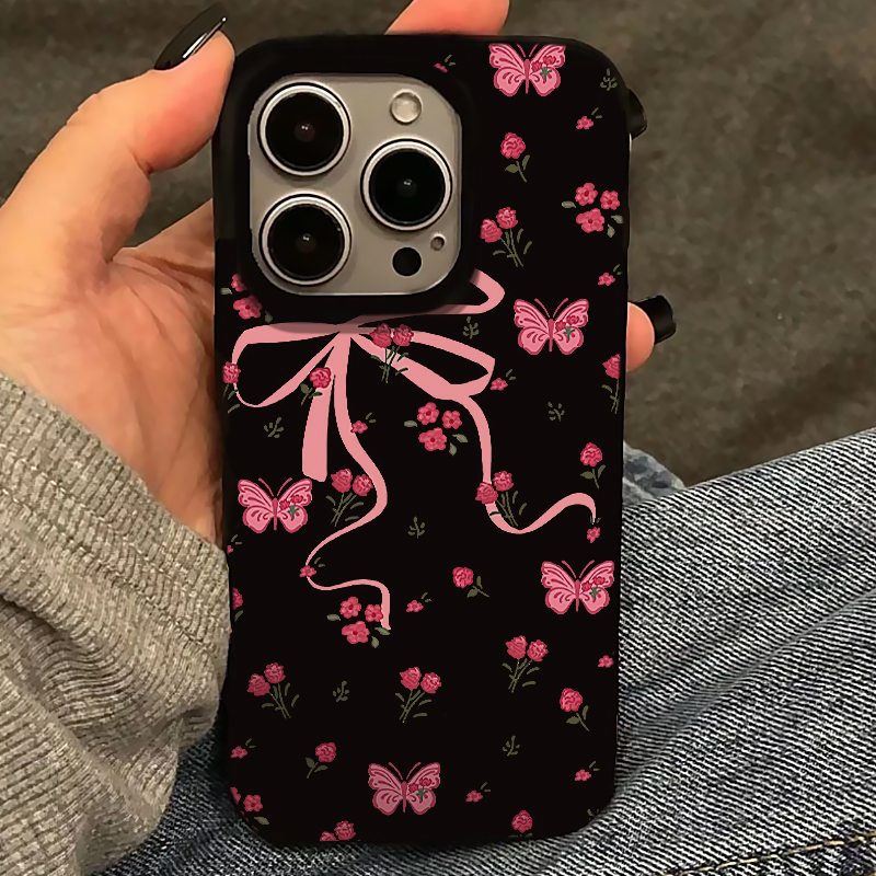 欧克里里花花蝴蝶结亮黑适用苹果16/15promax果冻手机壳13/14/12/