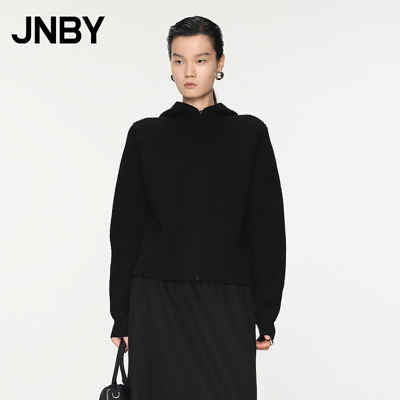 JNBY/江南布衣秋冬牦牛绒毛针织开衫粗针坑条连帽毛衣女5OA312190