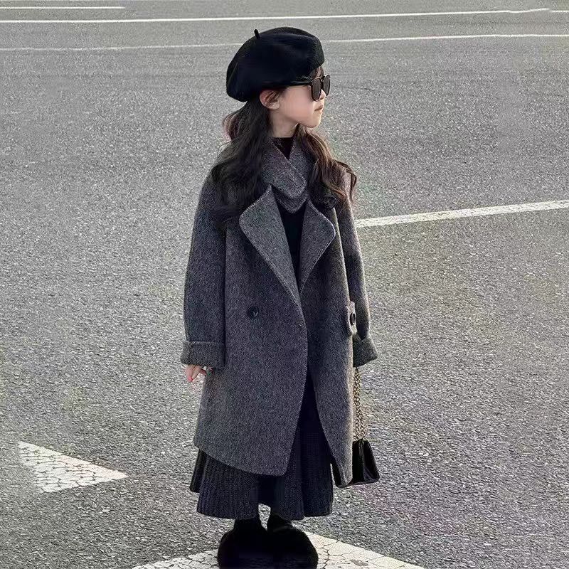 儿童大衣秋冬双面羊毛大衣毛呢大衣中大童中长款大衣风衣灰色外套