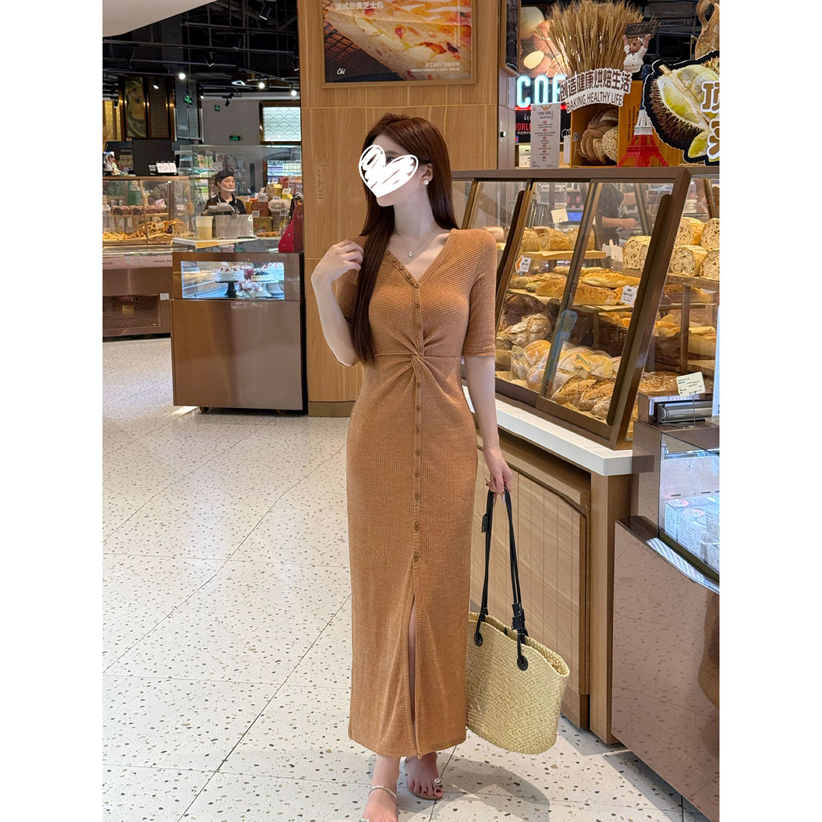 【3652】性感辣妹风开叉扭结V领中袖连衣裙女收腰显瘦包臀裙长裙