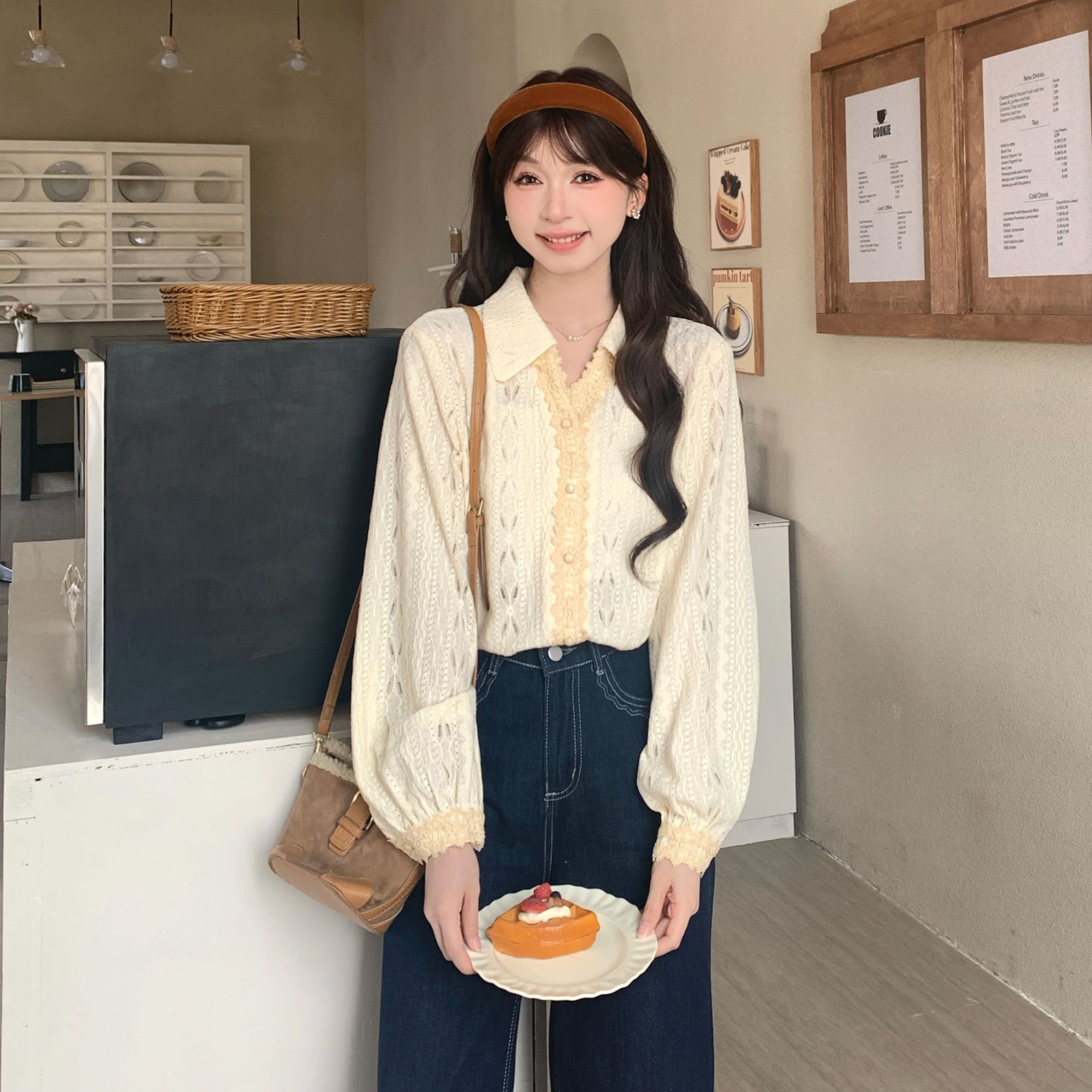 法式洋气镂空拼接翻领长袖衬衫女2025秋新款设计小众宽松上衣