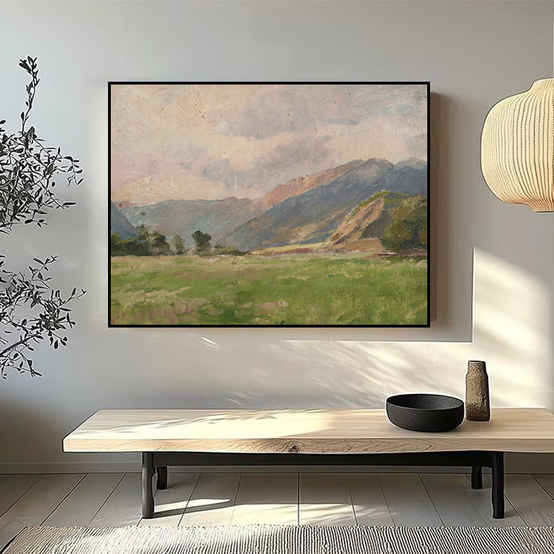 Y44山间草甸美式客厅装饰画横幅卧室油画山水风景壁画餐厅挂画