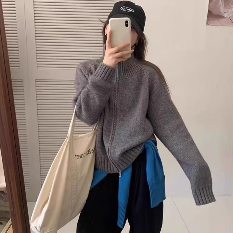 韩系立领拉链慵懒风毛衣外套女秋冬简约宽松针织开衫上衣新款