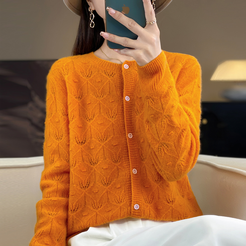 商场新款100%纯山羊绒衫软糯设计鼓包圆领镂空重工提花宽松女开衫