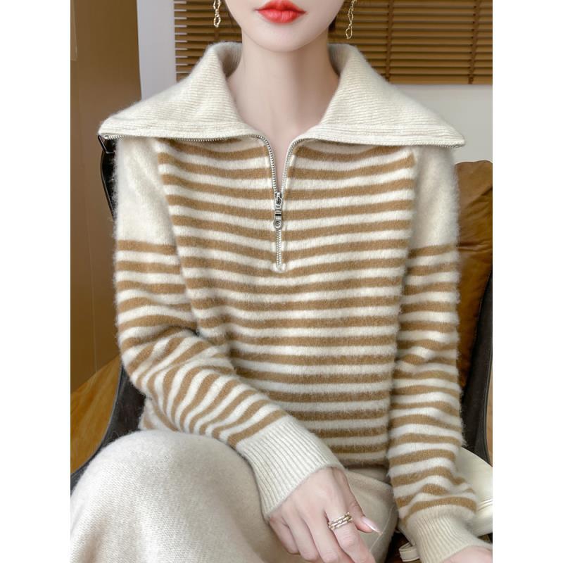 100%羊毛七针加厚半拉链翻领条纹衫NJR936