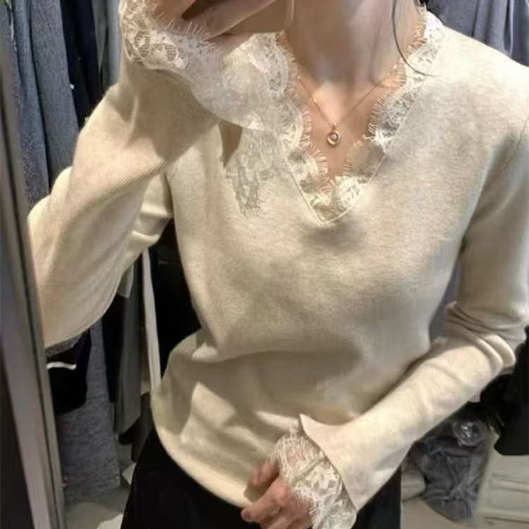 红衣俏家蕾丝小香风毛衣长袖宽松型V领