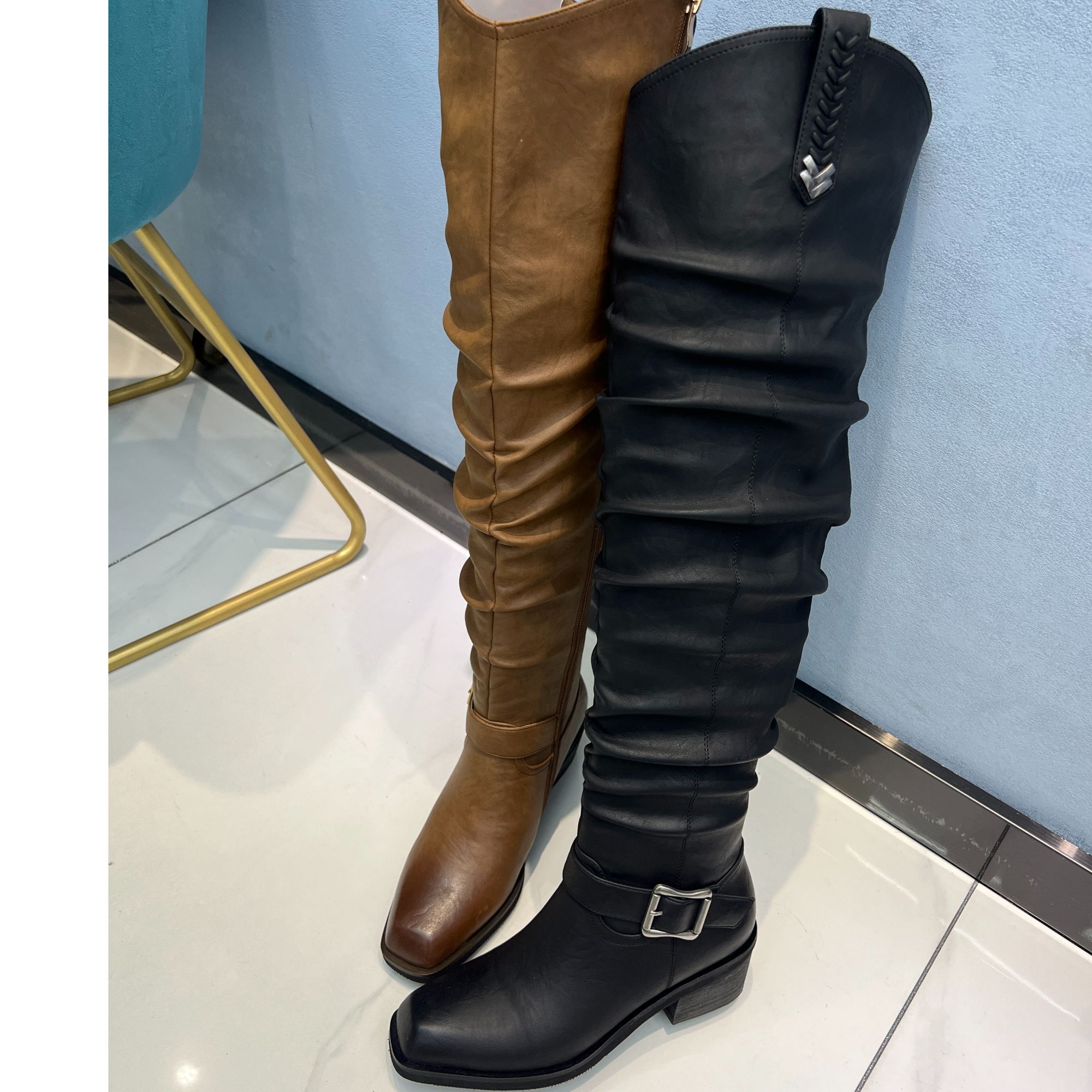过膝靴长筒长靴侧拉链时尚时装靴粗跟秋冬高跟过膝高筒靴骑士百搭
