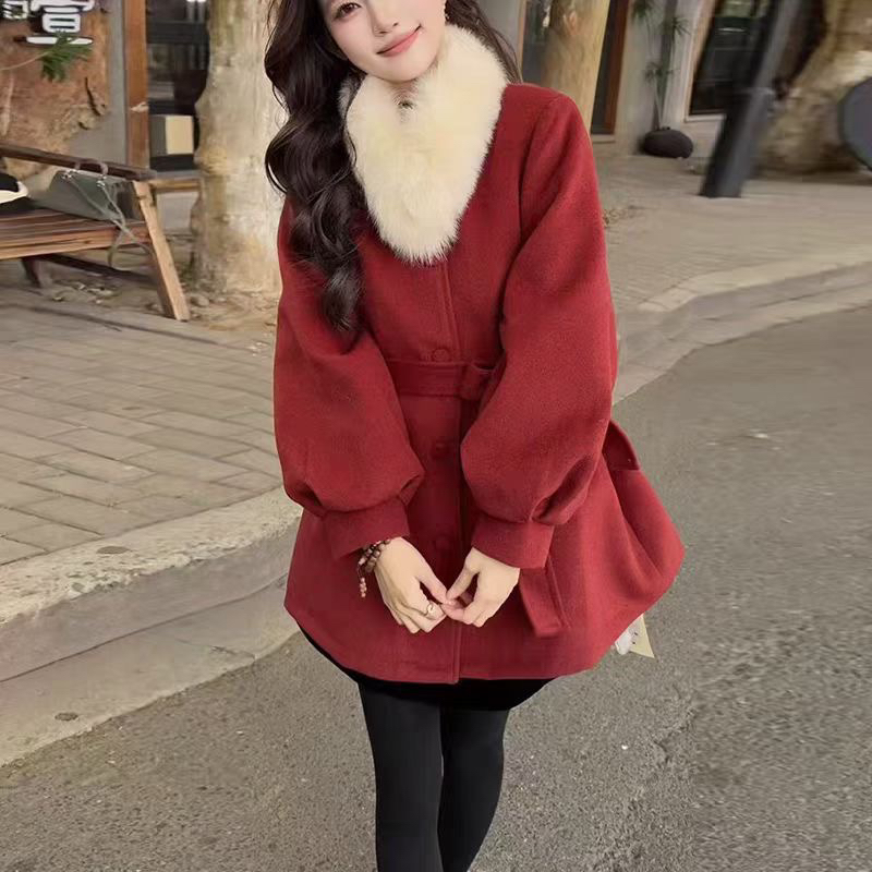 名媛气质狐狸毛双面羊毛大衣女短款收腰显瘦小裙摆羊毛外套