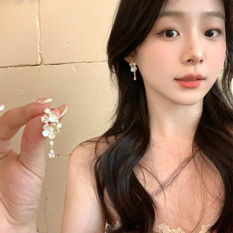 925银耳饰 法式花朵流苏耳环女银针闪锆轻奢高级感耳钉气质耳坠