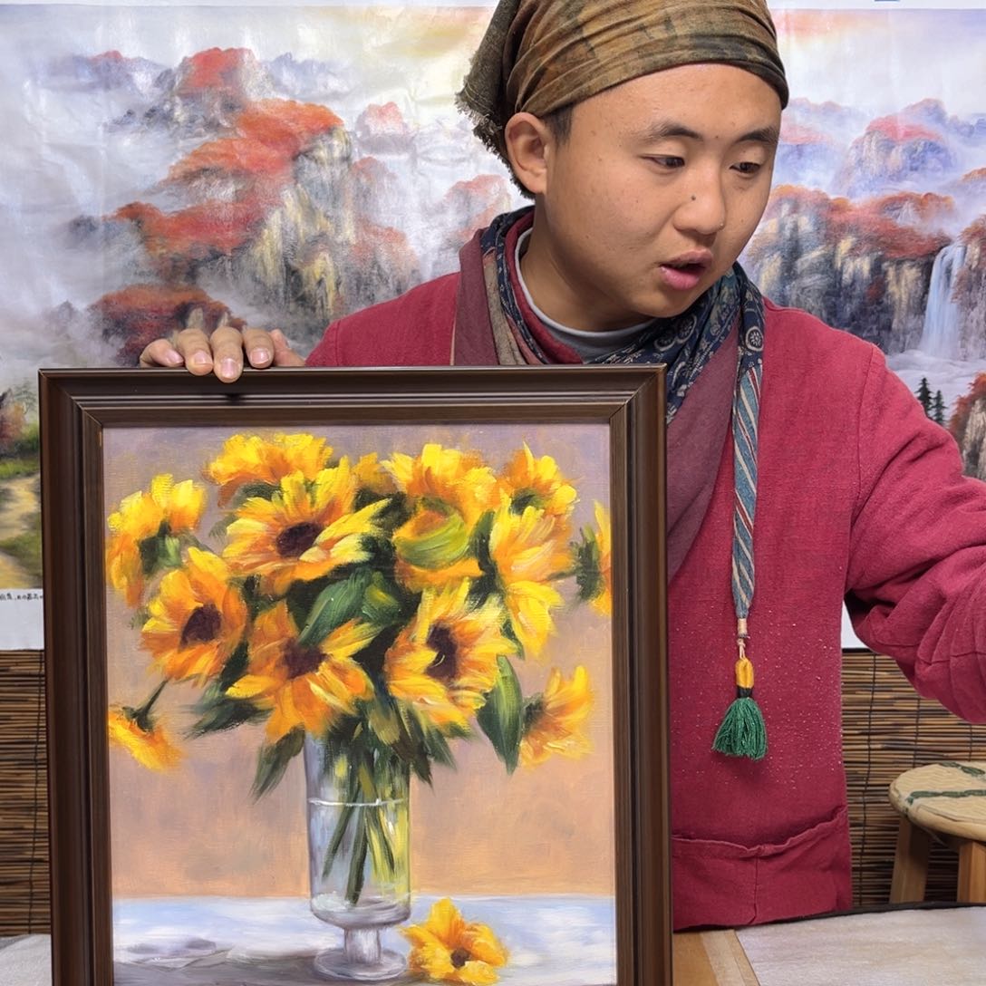 油画行路人小院东来