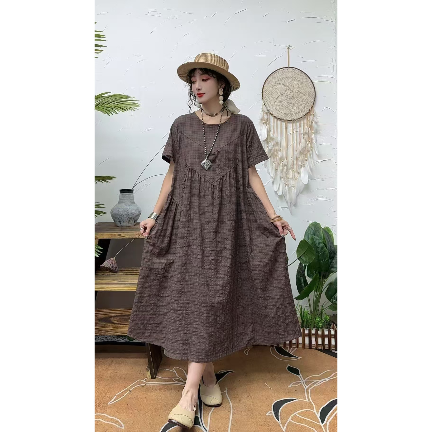 5016夏季新款清凉气质时尚复古遮肚宽松女显瘦百搭圆领休闲连衣裙