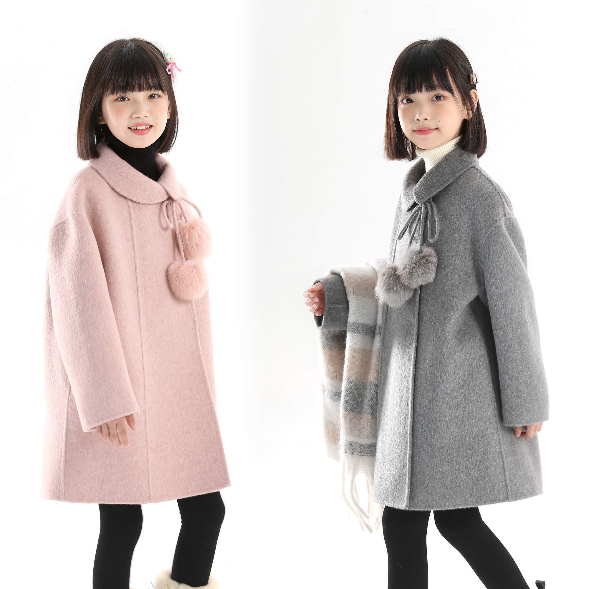 【70毛高定款】象小爸2025秋冬新款毛球双面呢小女孩长款三色毛外