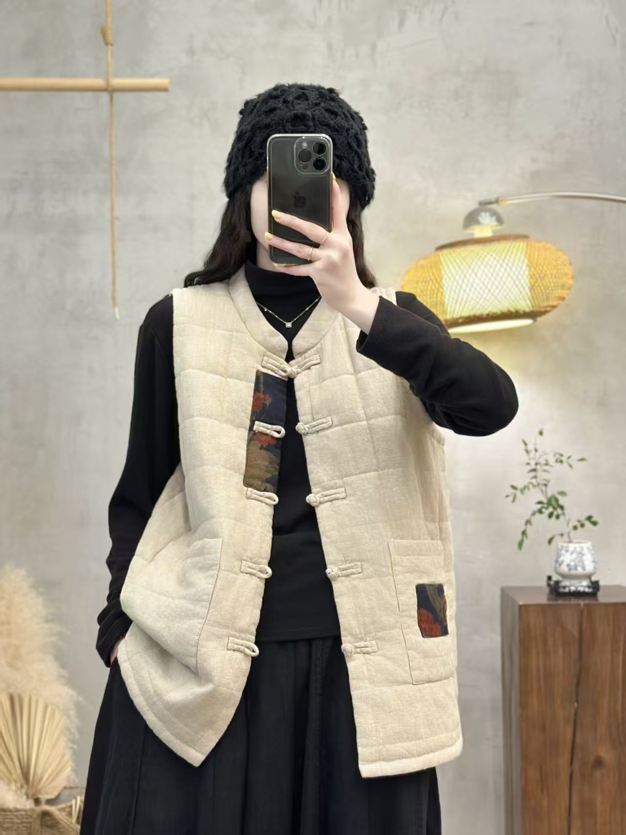 复古文艺格子中长款做旧砂洗休闲时尚加棉马夹保暖菱格盘口马甲