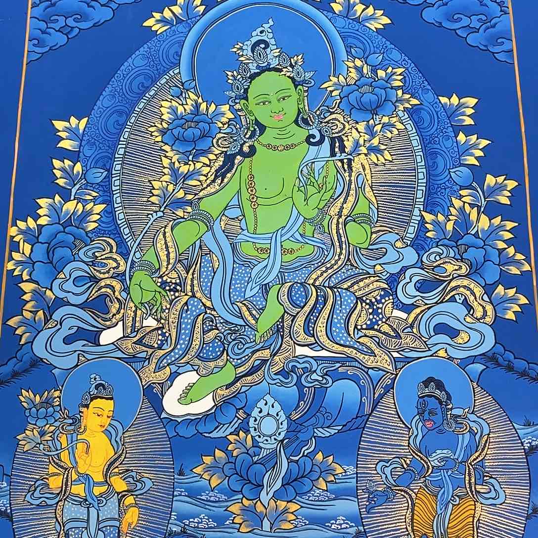 装裱画手绘蓝唐绿度母一副