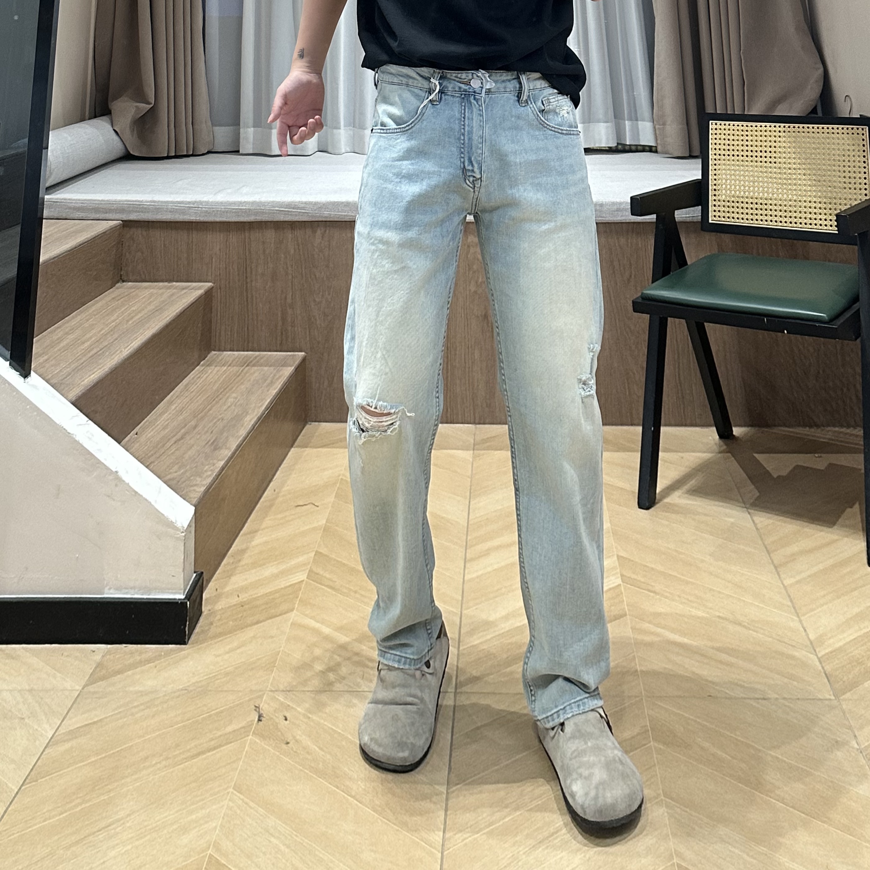 【SSL-Clothing】2025蓝牛王水洗直筒牛仔裤破洞时尚百搭微宽松牛仔