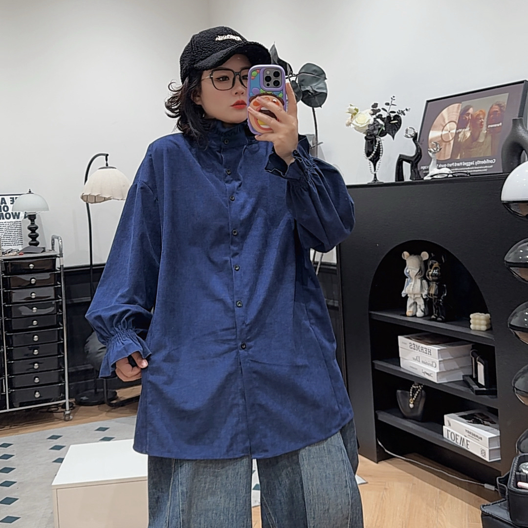 哆唛853799款宽松欧韩时尚潮流休闲新款长袖木耳领前衬衫设计感