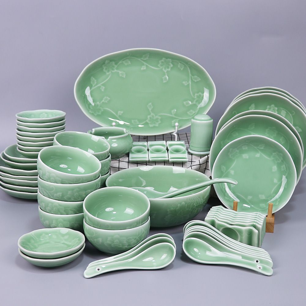 青瓷陶瓷餐具套装家用创意简约中式风格碗碟盘整套套装礼盒乔迁礼