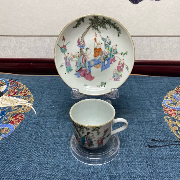 清同治【三娘教子】细路粉彩杯碟C15/古玩/KC20250214001