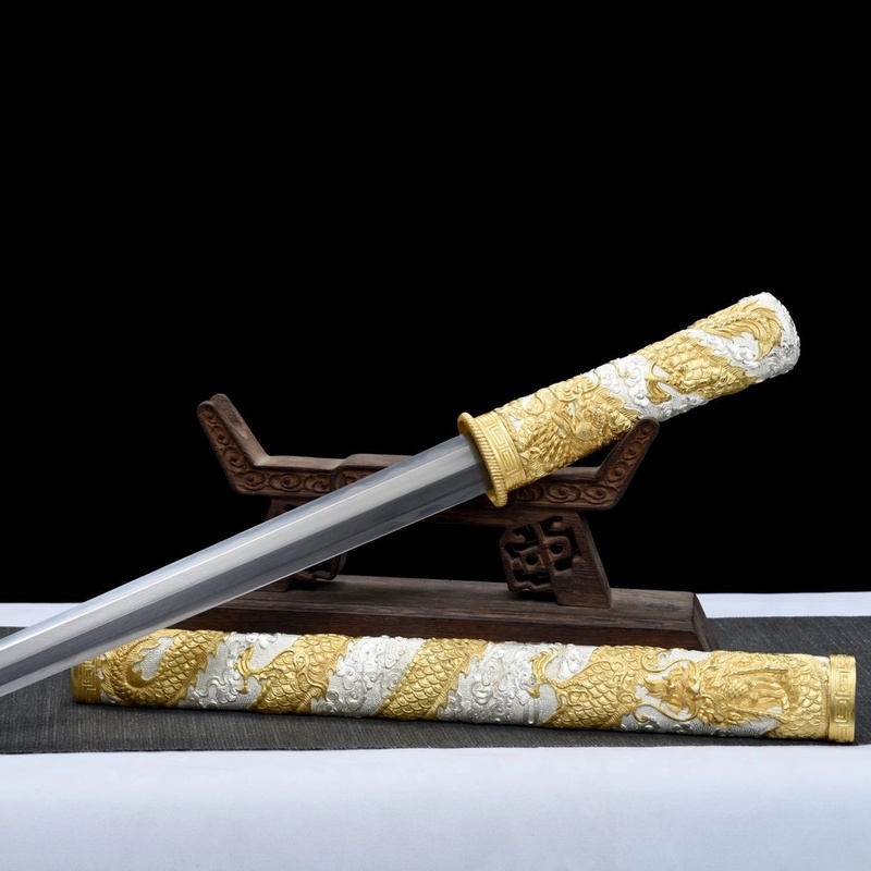 【天子剑】龙王唐剑纯铜手工鎏金银八面花纹钢羽毛纹刃未开刃短剑