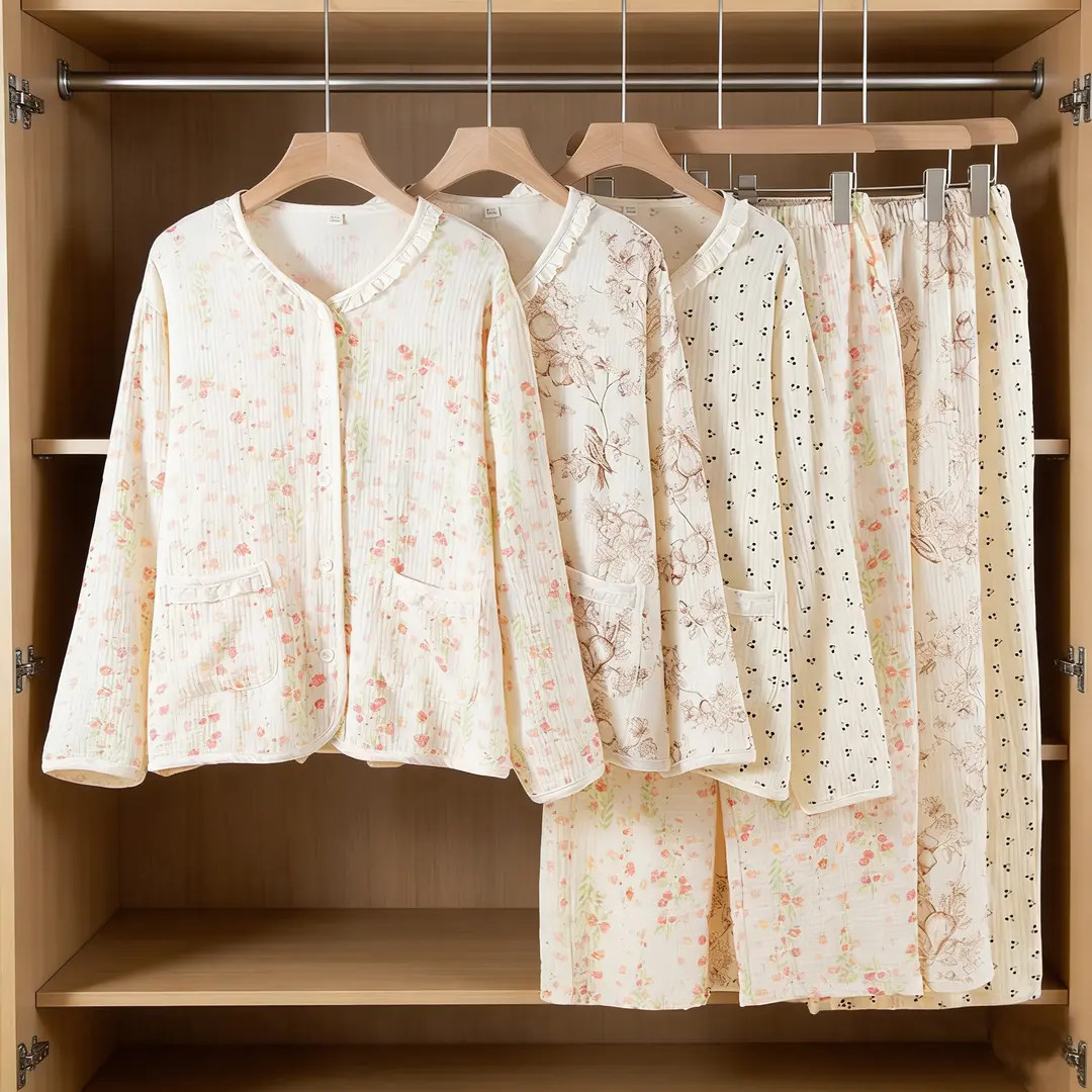 新款蕾丝花边双层棉纱女士家居服甜美风长袖长裤套装休闲柔软亲肤