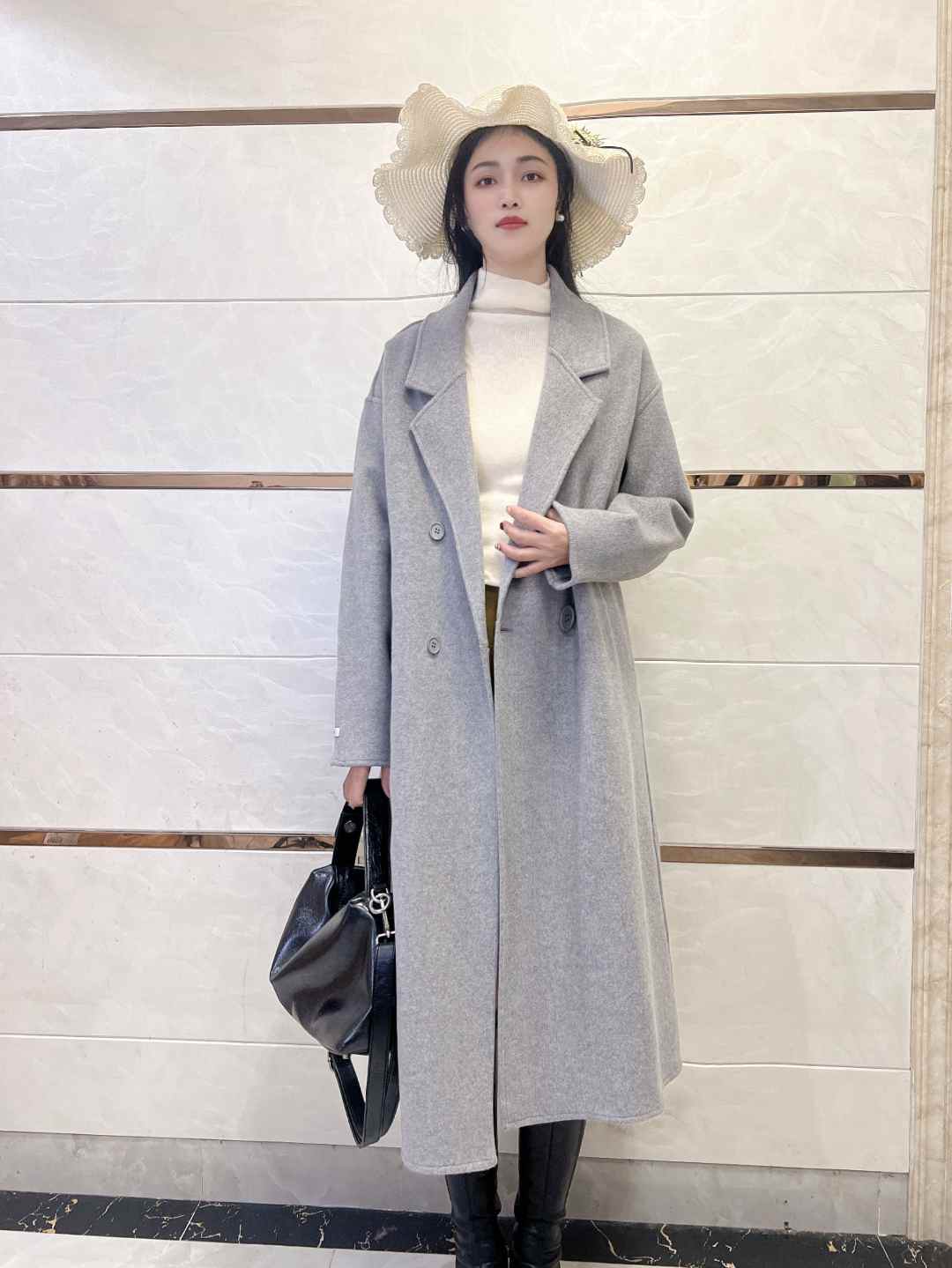 长款毛呢外套浅灰西装领大衣呢子女装宽松时尚气质百搭秋冬