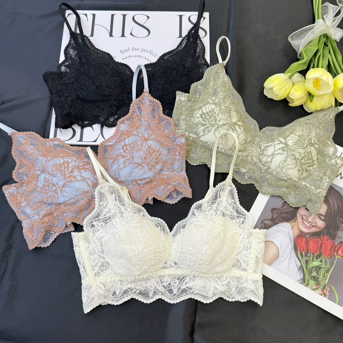 女士防凸点轻薄裸感蕾丝文胸内衣两排扣法式超薄新款