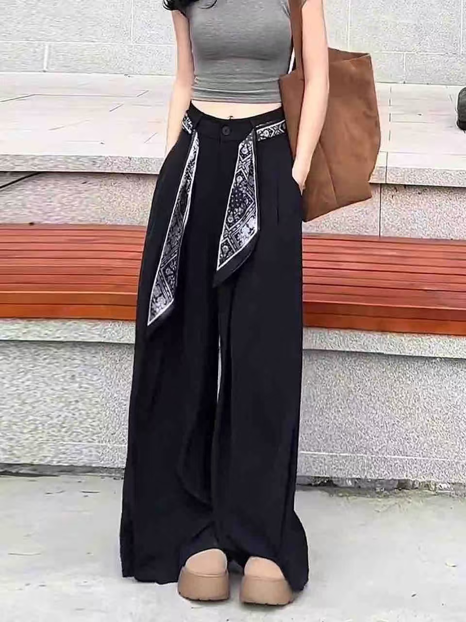 6666#裤长104高级感高腰飘带气质设计垂感阔腿拖地休闲西装裤女
