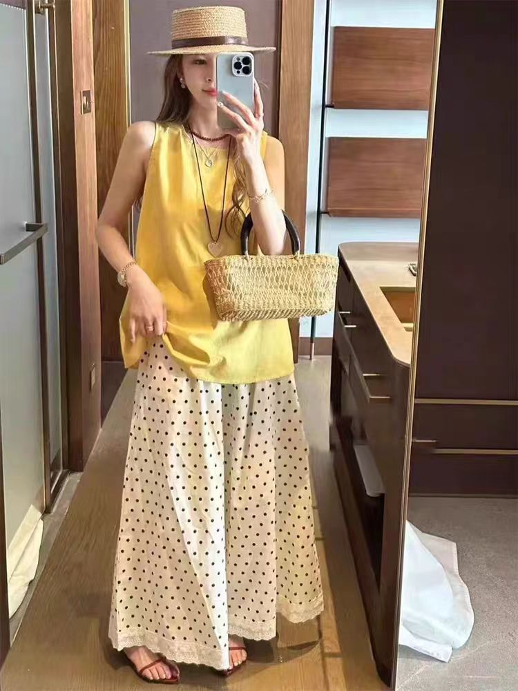 976#韩系后背镂空系带无袖衬衫波点蕾丝拼接阔腿裤两套装衣65裤94