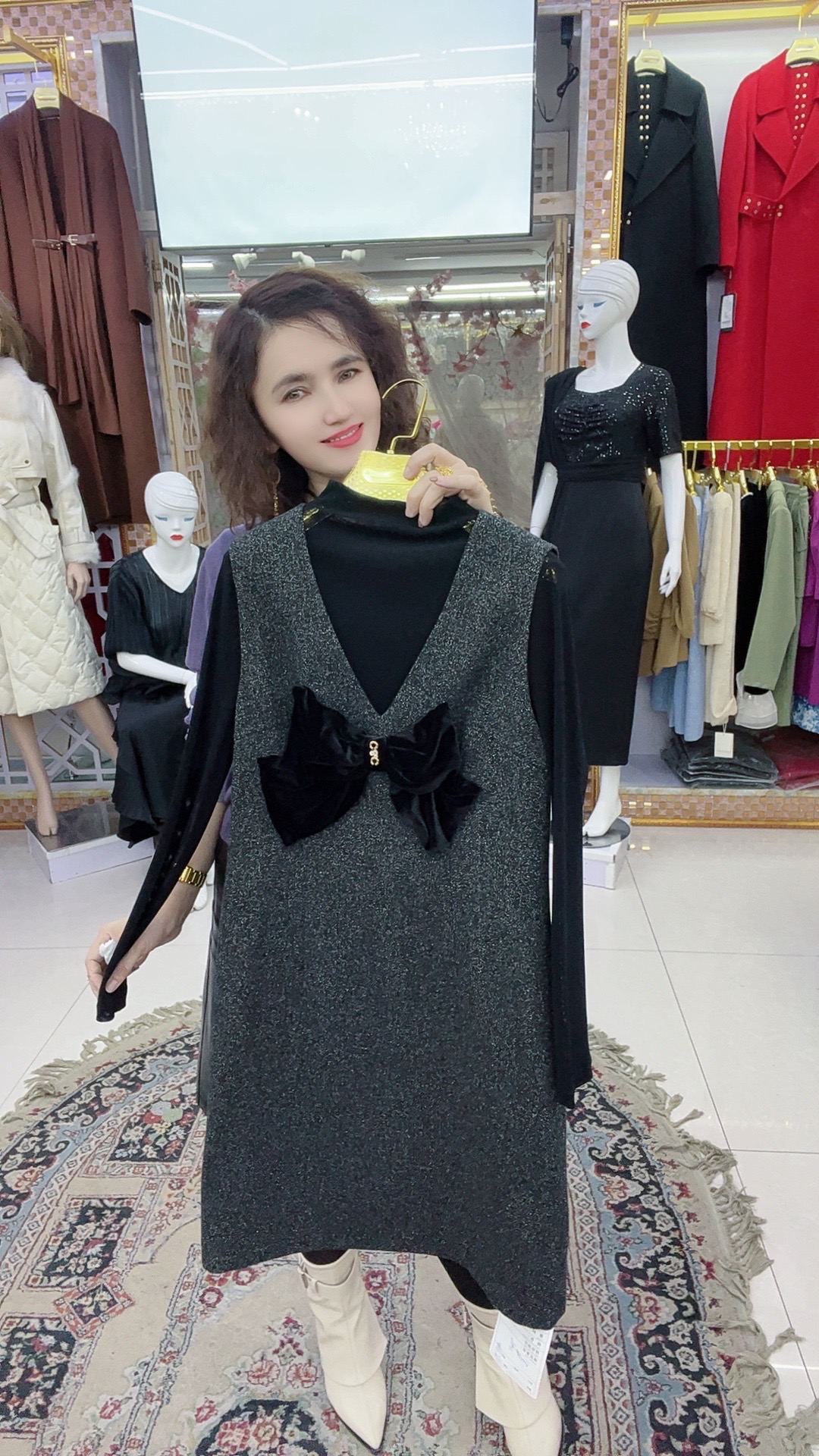 MODA KIZ 新款时尚女款宽松V领拼接高端两件套裙子