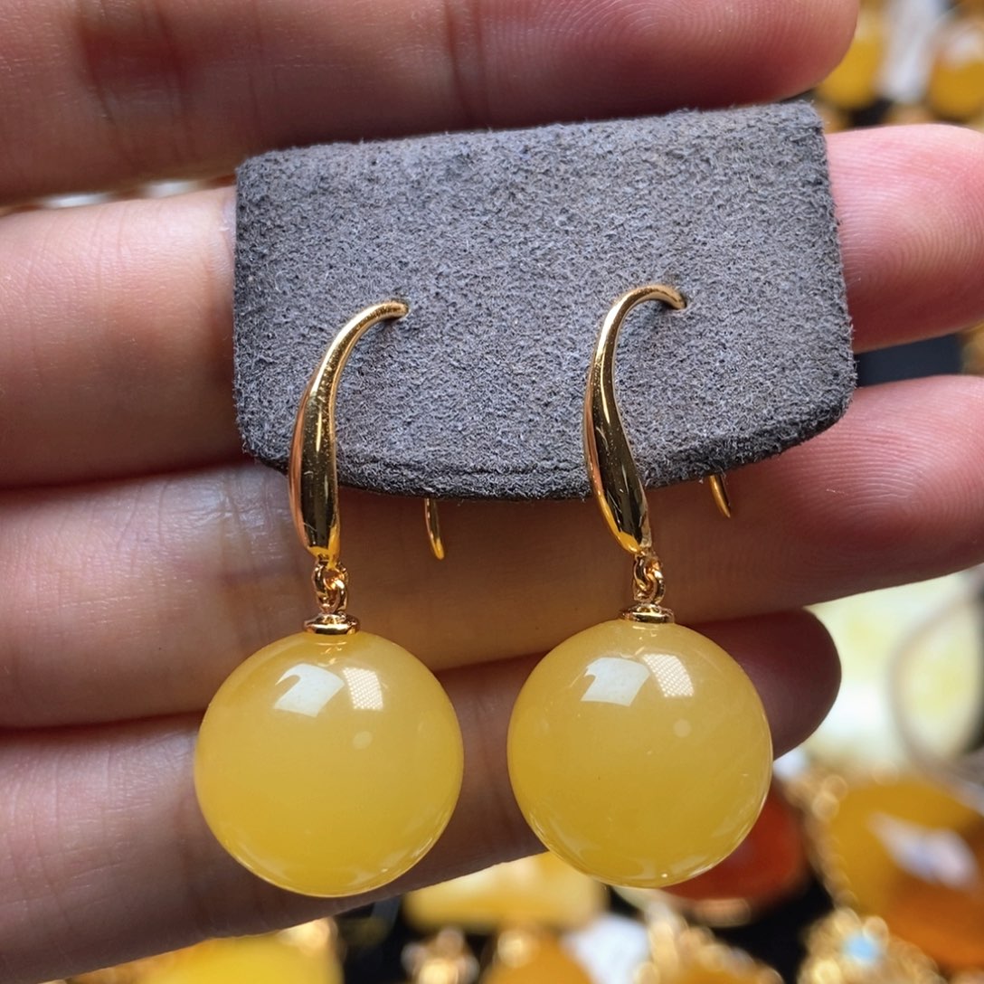 银S925镀金镶嵌琥珀耳饰